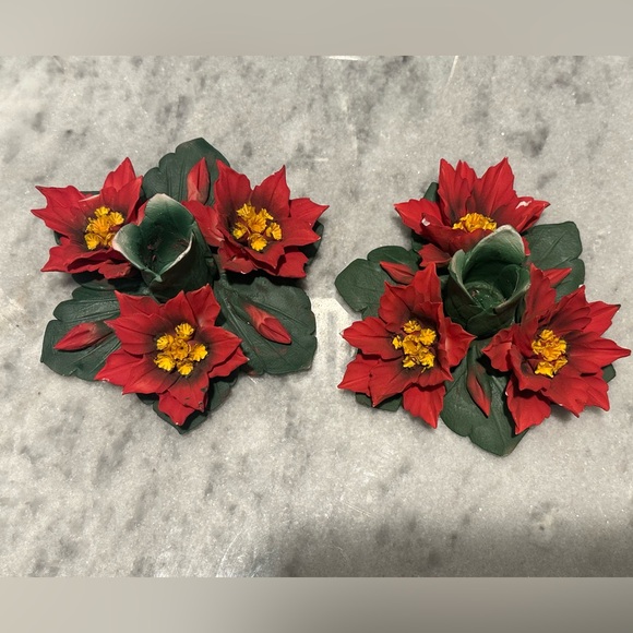Capodimonte poinsettia porcelain candlestick holders